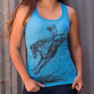 'Ride 'Em Cowboy' Blue Linen-Blend Racerback Tank Top, Junior M, New With Tags!